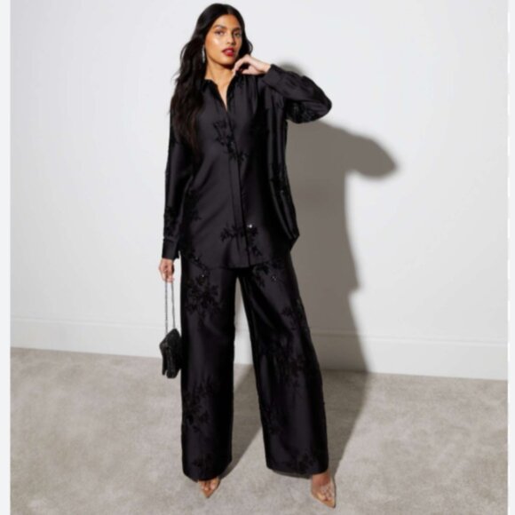 Brand New Rachel Zoe Black Satin Sequin Embellished Wide Leg Trousers - Picture 4 of 13